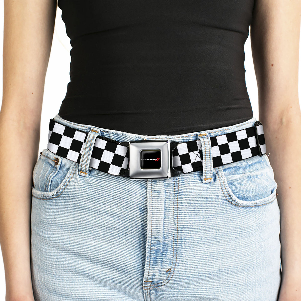 Dodge Red Rhombus Seatbelt Belt - Checker Black/White Webbing