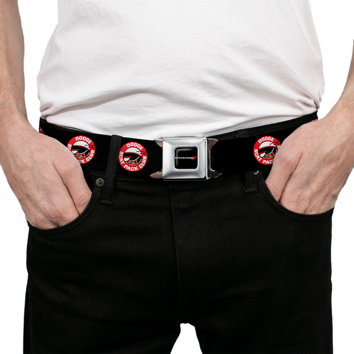 Dodge Red Rhombus Full Color Seatbelt Belt - DODGE SCAT PACK CLUB Bumblebee Logo Black/Red/White Webbing