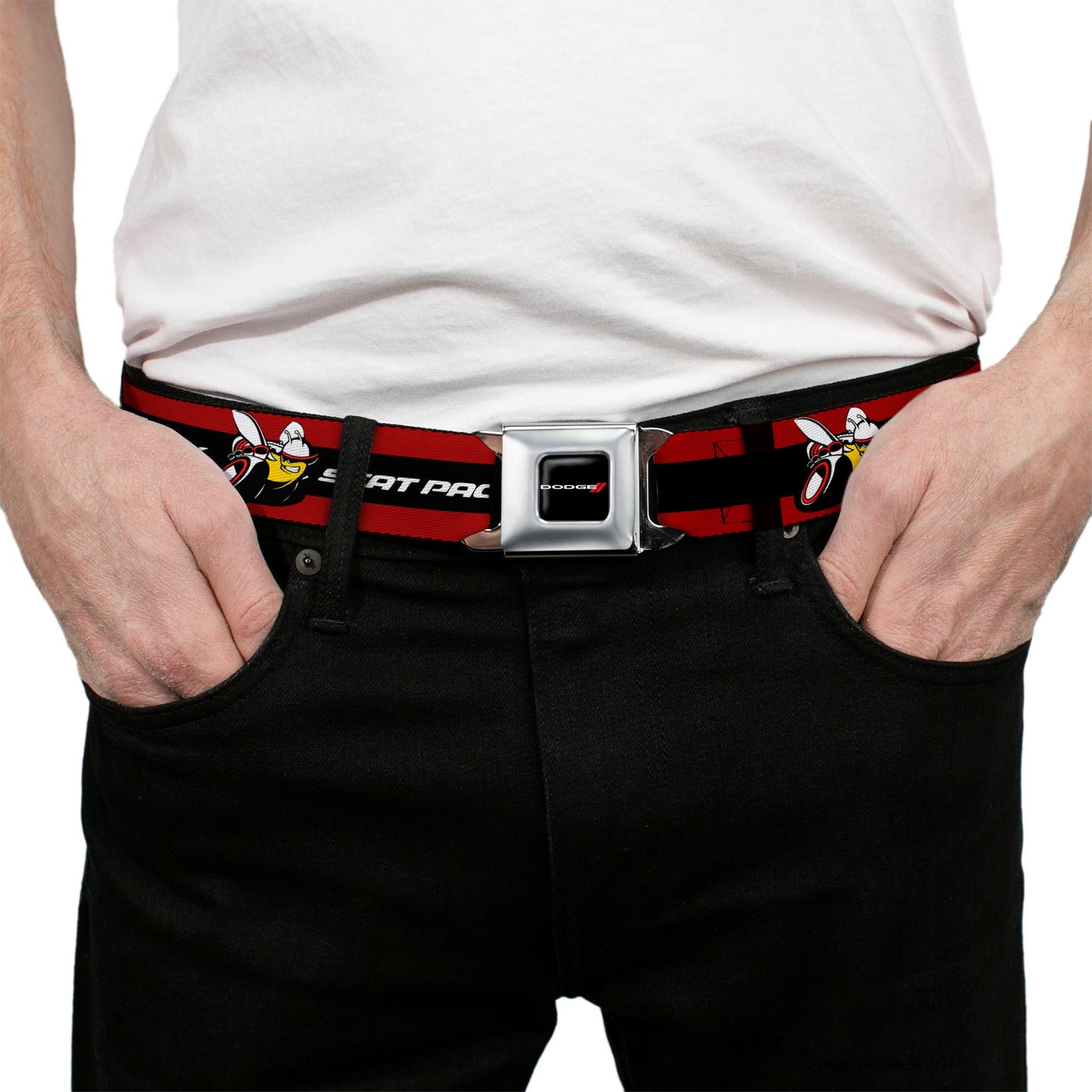 Dodge Red Rhombus Full Color Seatbelt Belt - Dodge SCAT PACK Badge Logo Stripe Red/Black/White Webbing