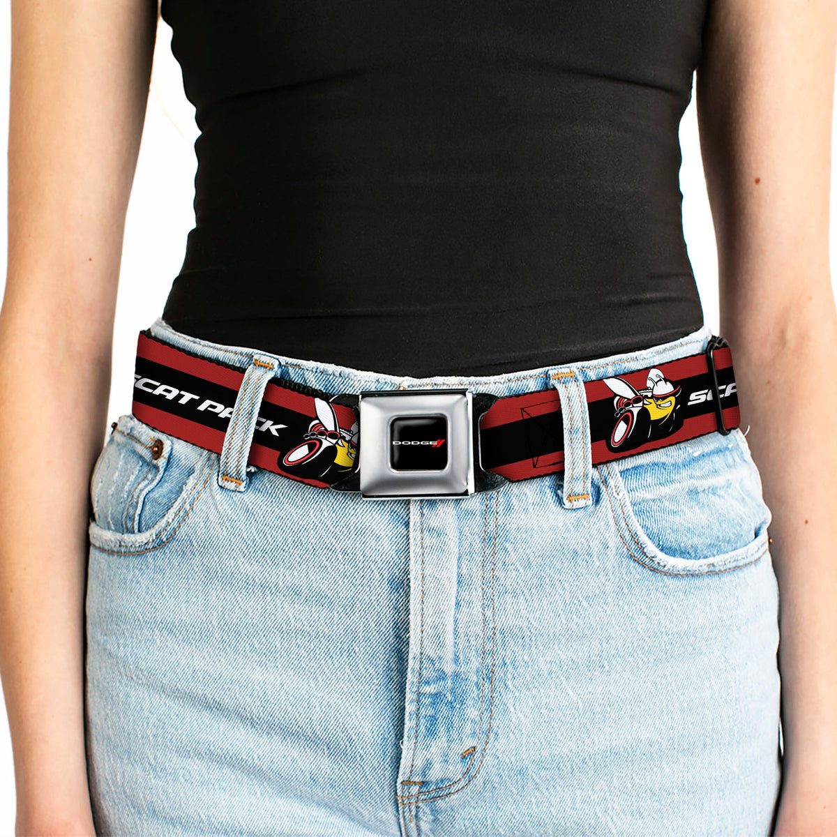 Dodge Red Rhombus Full Color Seatbelt Belt - Dodge SCAT PACK Badge Logo Stripe Red/Black/White Webbing