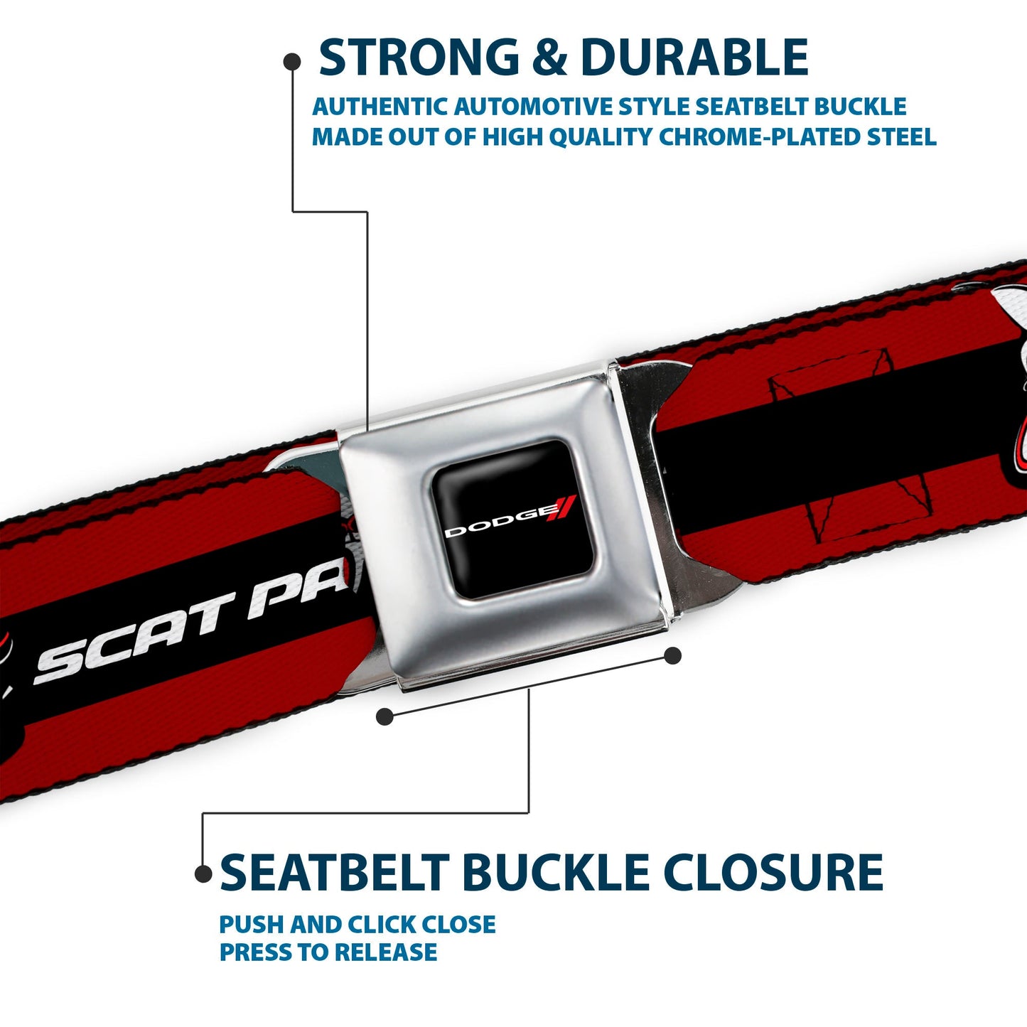 Dodge Red Rhombus Full Color Seatbelt Belt - Dodge SCAT PACK Badge Logo Stripe Red/Black/White Webbing
