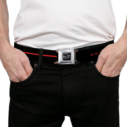 Dodge 100th Anniversary Logo Brushed Silver Black Seatbelt Belt - Dodge 100th Anniversary Logo/Stripe Black/Red Webbing