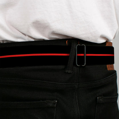 Dodge 100th Anniversary Logo Brushed Silver Black Seatbelt Belt - Dodge 100th Anniversary Logo/Stripe Black/Red Webbing