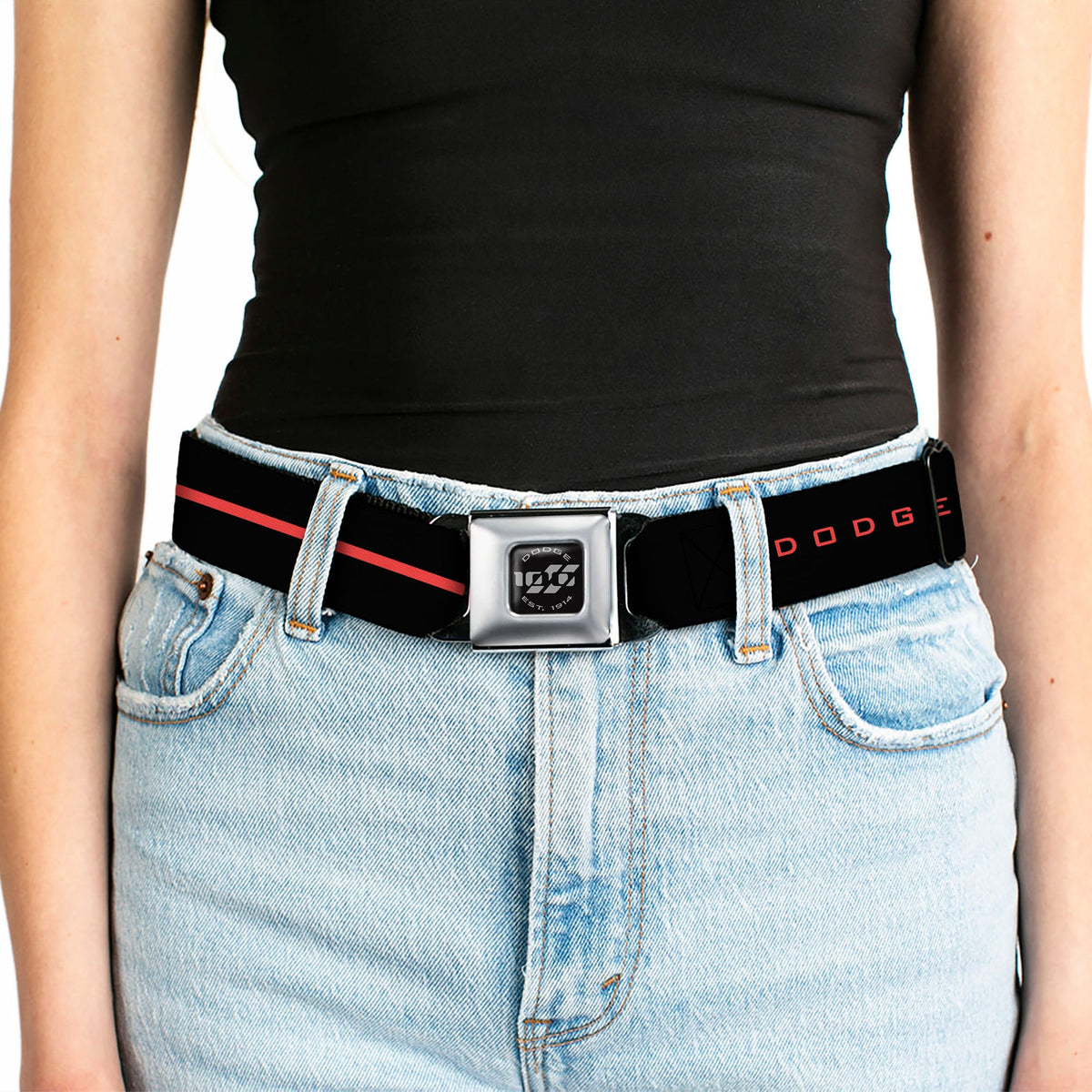 Dodge 100th Anniversary Logo Brushed Silver Black Seatbelt Belt - Dodge 100th Anniversary Logo/Stripe Black/Red Webbing