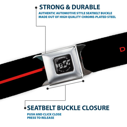 Dodge 100th Anniversary Logo Brushed Silver Black Seatbelt Belt - Dodge 100th Anniversary Logo/Stripe Black/Red Webbing