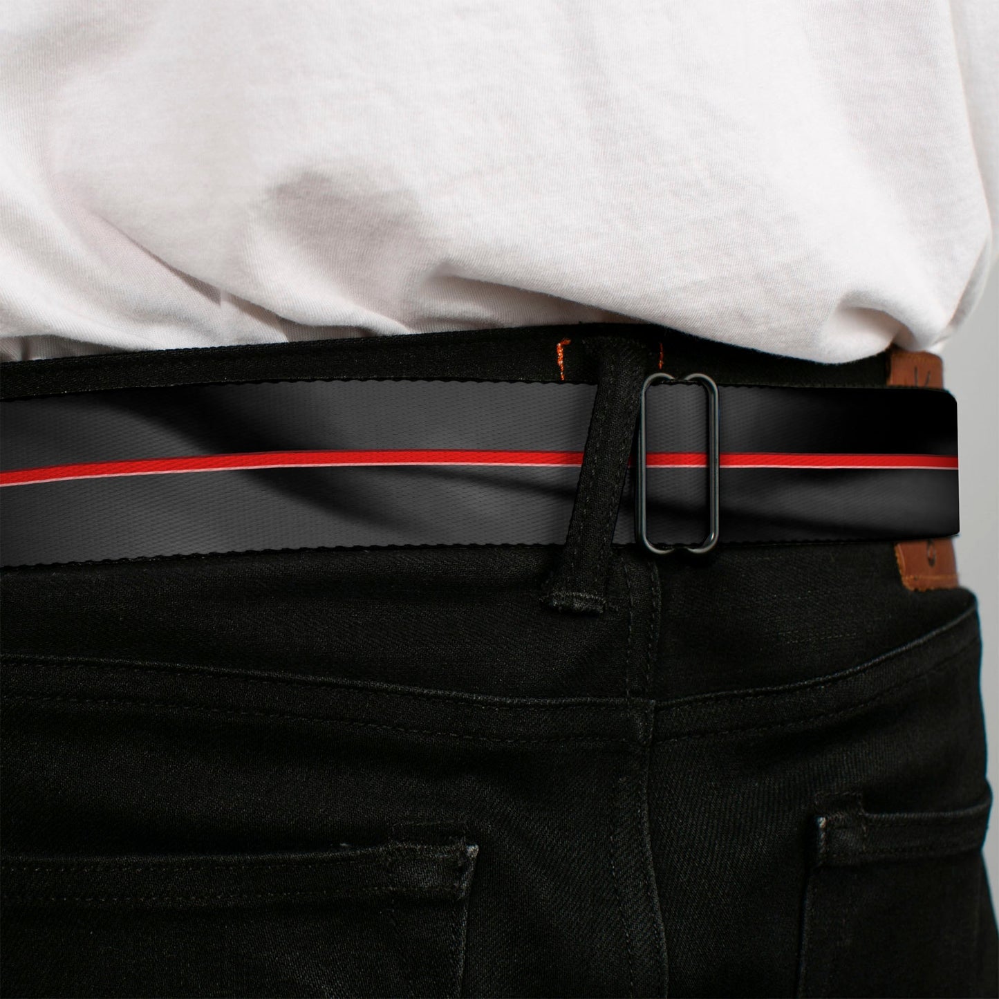 Dodge 100th Anniversary Logo Brushed Silver Black Seatbelt Belt - Dodge 100th Anniversary Rhombus/Stripe Black-Gray Swirl/Red Webbing