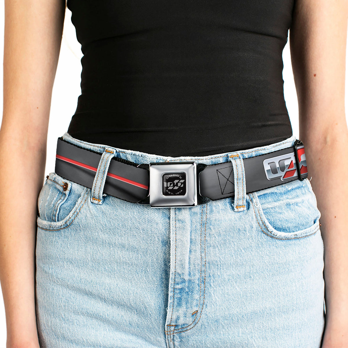 Dodge 100th Anniversary Logo Brushed Silver Black Seatbelt Belt - Dodge 100th Anniversary Rhombus/Stripe Black-Gray Swirl/Red Webbing