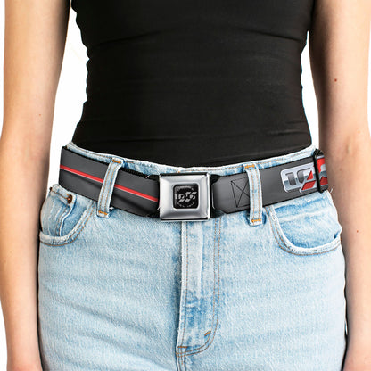 Dodge 100th Anniversary Logo Brushed Silver Black Seatbelt Belt - Dodge 100th Anniversary Rhombus/Stripe Black-Gray Swirl/Red Webbing