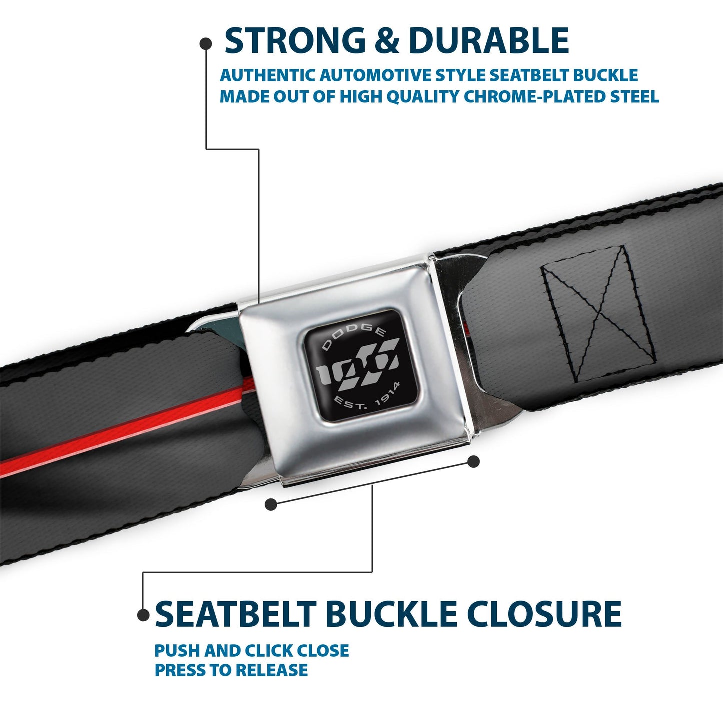 Dodge 100th Anniversary Logo Brushed Silver Black Seatbelt Belt - Dodge 100th Anniversary Rhombus/Stripe Black-Gray Swirl/Red Webbing