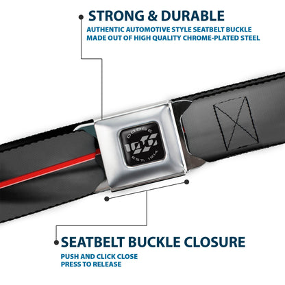 Dodge 100th Anniversary Logo Brushed Silver Black Seatbelt Belt - Dodge 100th Anniversary Rhombus/Stripe Black-Gray Swirl/Red Webbing