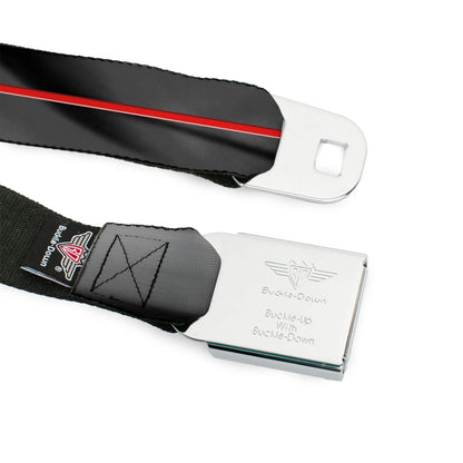 Dodge 100th Anniversary Logo Brushed Silver Black Seatbelt Belt - Dodge 100th Anniversary Rhombus/Stripe Black-Gray Swirl/Red Webbing
