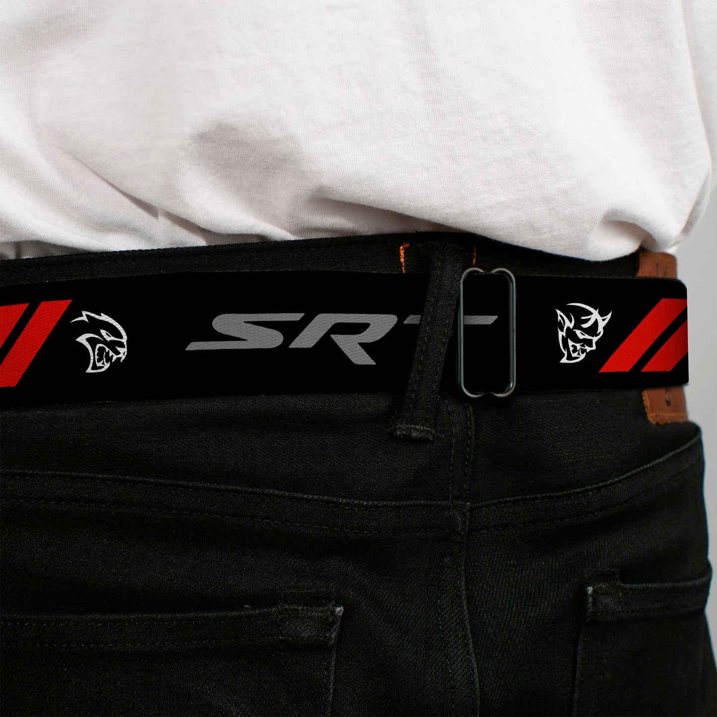 Dodge Rhombus Icon Full Color Black Red Seatbelt Belt - Dodge SRT Demon/Rhombus/Hellcat Logo Black/Silver/Red/White Webbing
