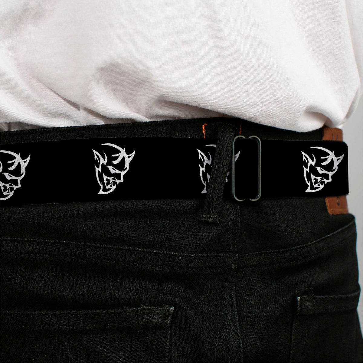 Dodge Rhombus Icon Full Color Black Red Seatbelt Belt - Dodge Demon Icon Black/White Webbing