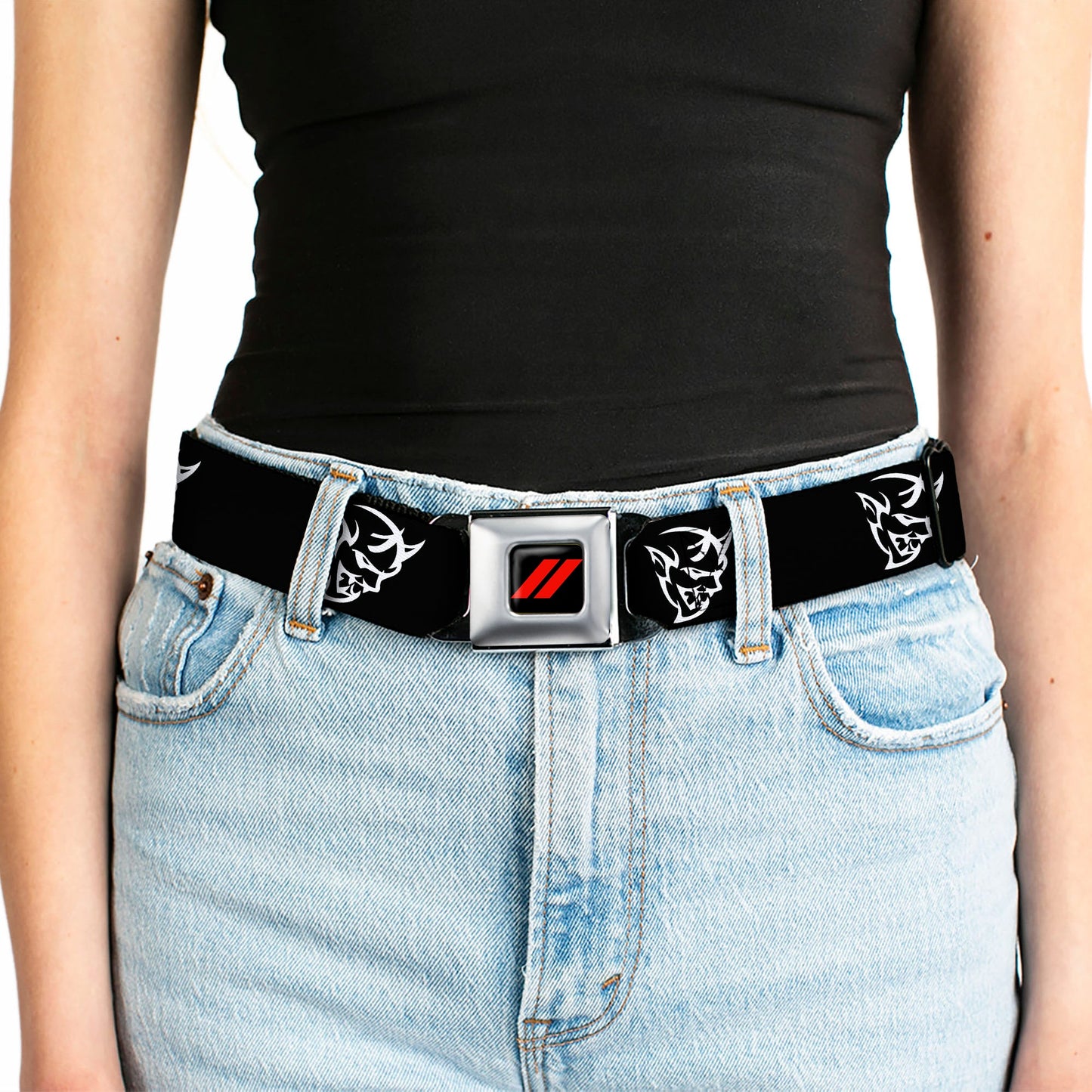 Dodge Rhombus Icon Full Color Black Red Seatbelt Belt - Dodge Demon Icon Black/White Webbing