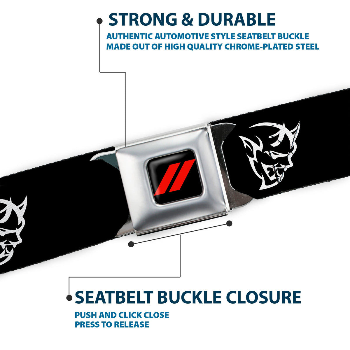 Dodge Rhombus Icon Full Color Black Red Seatbelt Belt - Dodge Demon Icon Black/White Webbing