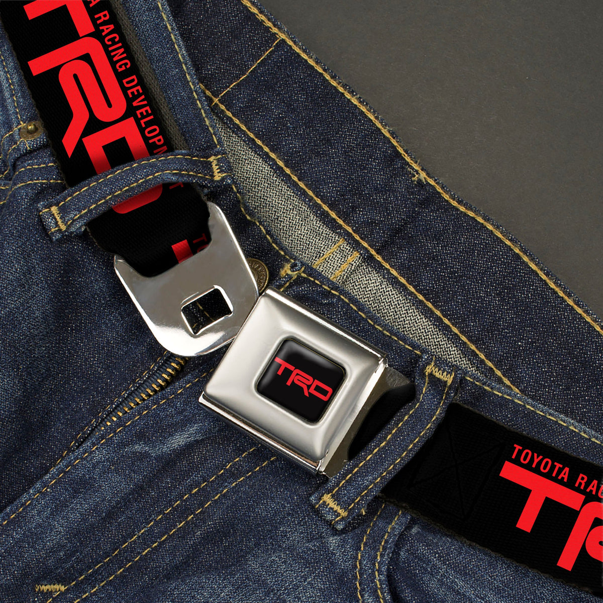 Toyota Racing Development TRD Logo Full Color Black/Red Seatbelt Belt - TOYOTA RACING DEVELOPMENT Text and TRD Logo Black/Red Webbing