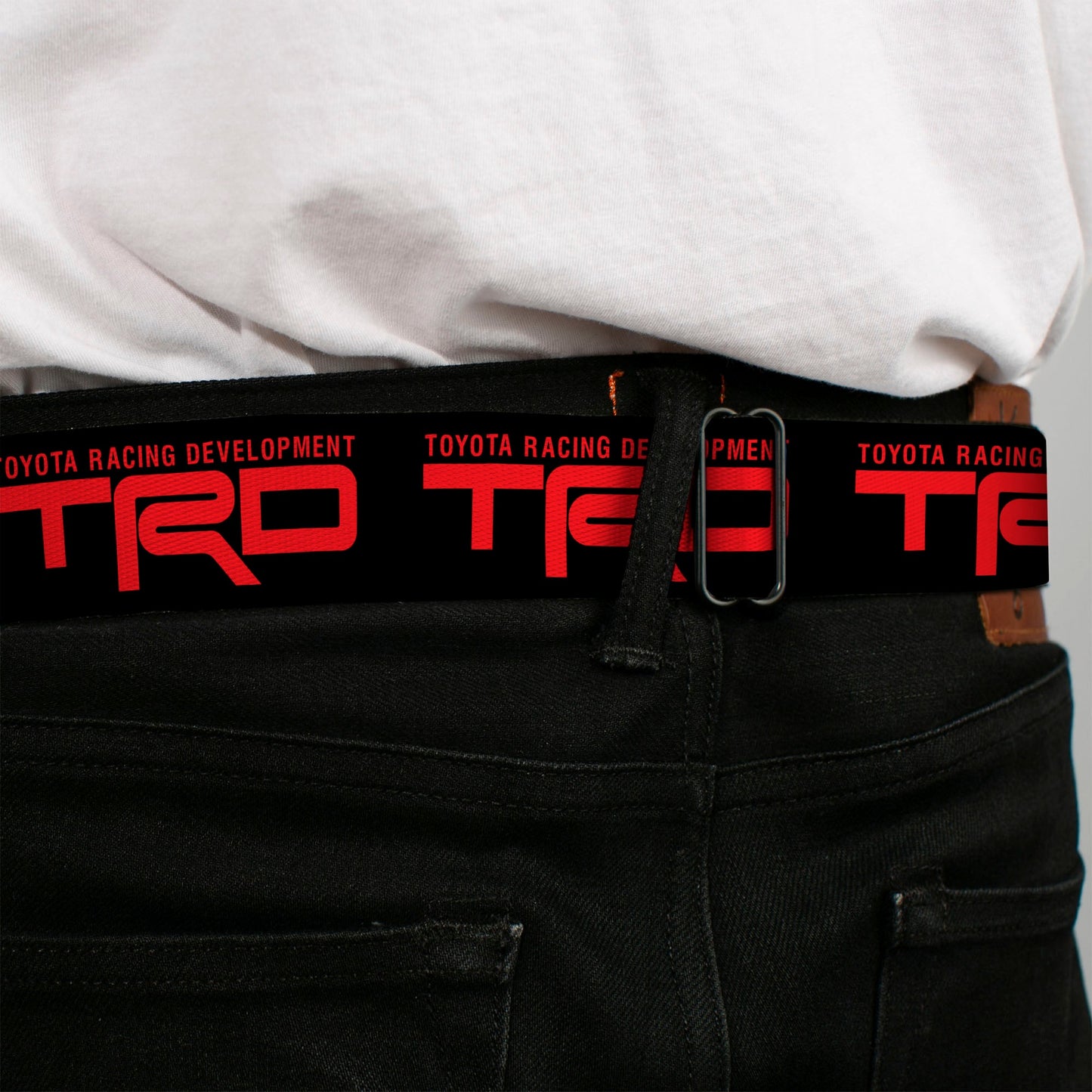 Toyota Racing Development TRD Logo Full Color Black/Red Seatbelt Belt - TOYOTA RACING DEVELOPMENT Text and TRD Logo Black/Red Webbing