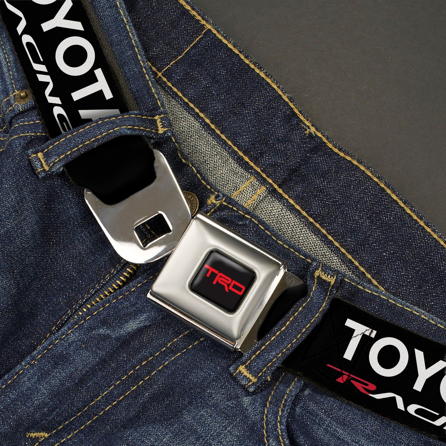 Toyota Racing Development TRD Logo Full Color Black/Red Seatbelt Belt - TRD TOYOTA RACING Text Black/White/Red Webbing