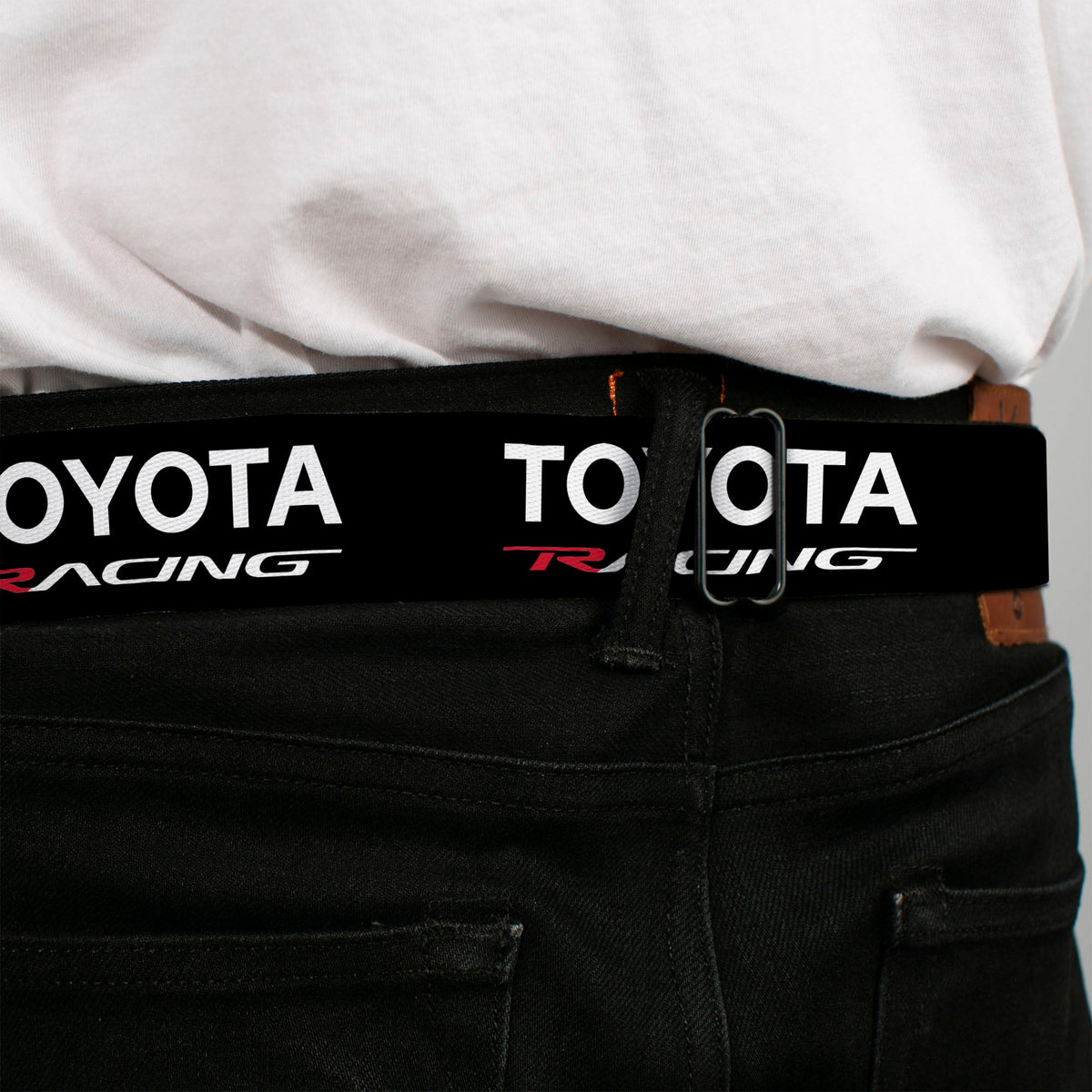 Toyota Racing Development TRD Logo Full Color Black/Red Seatbelt Belt - TRD TOYOTA RACING Text Black/White/Red Webbing
