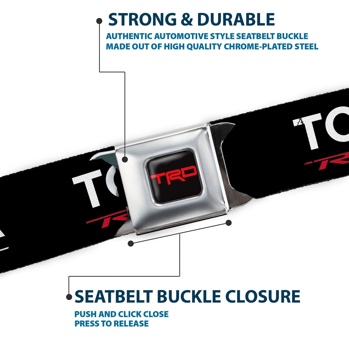 Toyota Racing Development TRD Logo Full Color Black/Red Seatbelt Belt - TRD TOYOTA RACING Text Black/White/Red Webbing