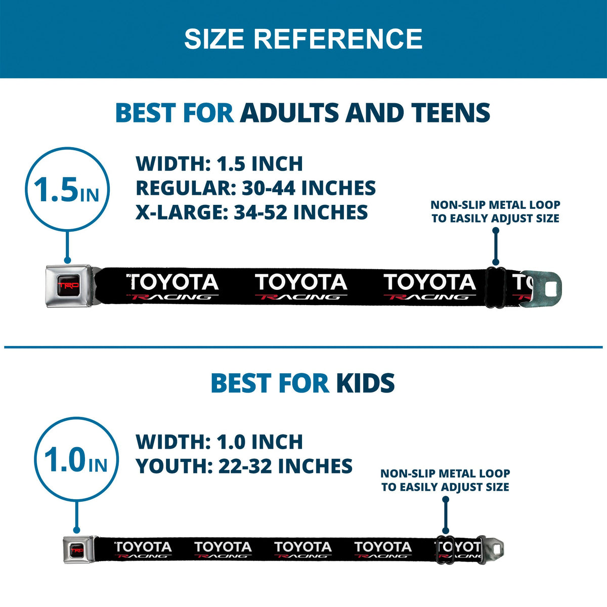 Toyota Racing Development TRD Logo Full Color Black/Red Seatbelt Belt - TRD TOYOTA RACING Text Black/White/Red Webbing