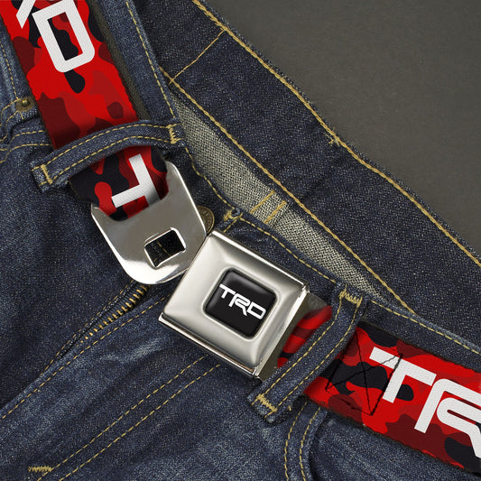 Toyota Racing Development TRD Logo Full Color Black/White Seatbelt Belt - Toyota Racing Development TRD Logo Camo Reds/White Webbing