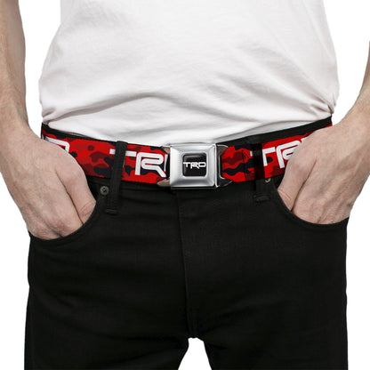 Toyota Racing Development TRD Logo Full Color Black/White Seatbelt Belt - Toyota Racing Development TRD Logo Camo Reds/White Webbing