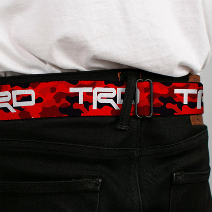 Toyota Racing Development TRD Logo Full Color Black/White Seatbelt Belt - Toyota Racing Development TRD Logo Camo Reds/White Webbing