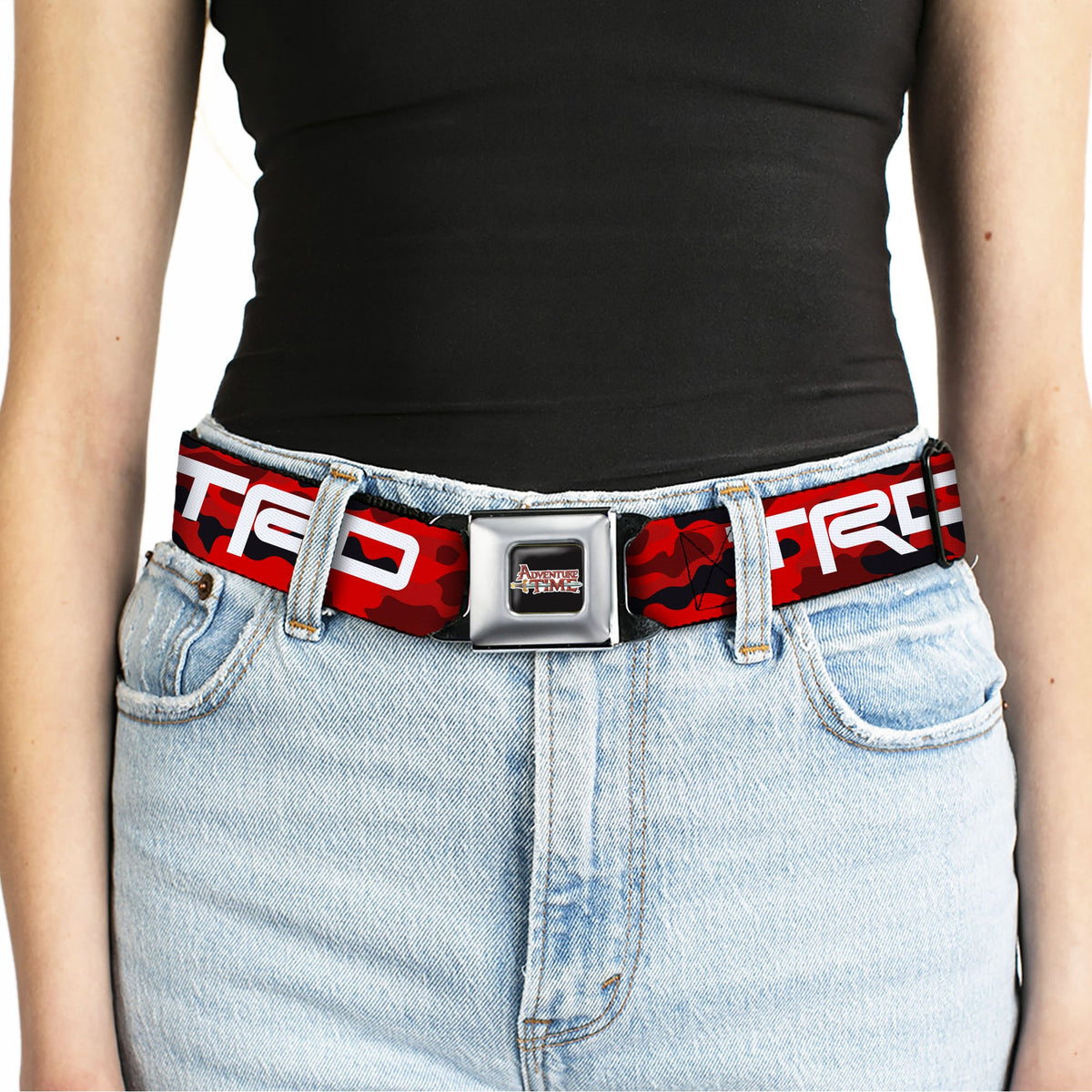 Toyota Racing Development TRD Logo Full Color Black/White Seatbelt Belt - Toyota Racing Development TRD Logo Camo Reds/White Webbing