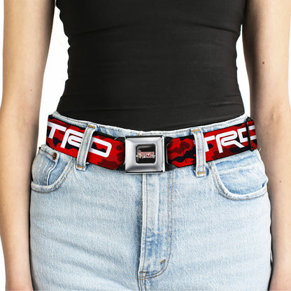 Toyota Racing Development TRD Logo Full Color Black/White Seatbelt Belt - Toyota Racing Development TRD Logo Camo Reds/White Webbing