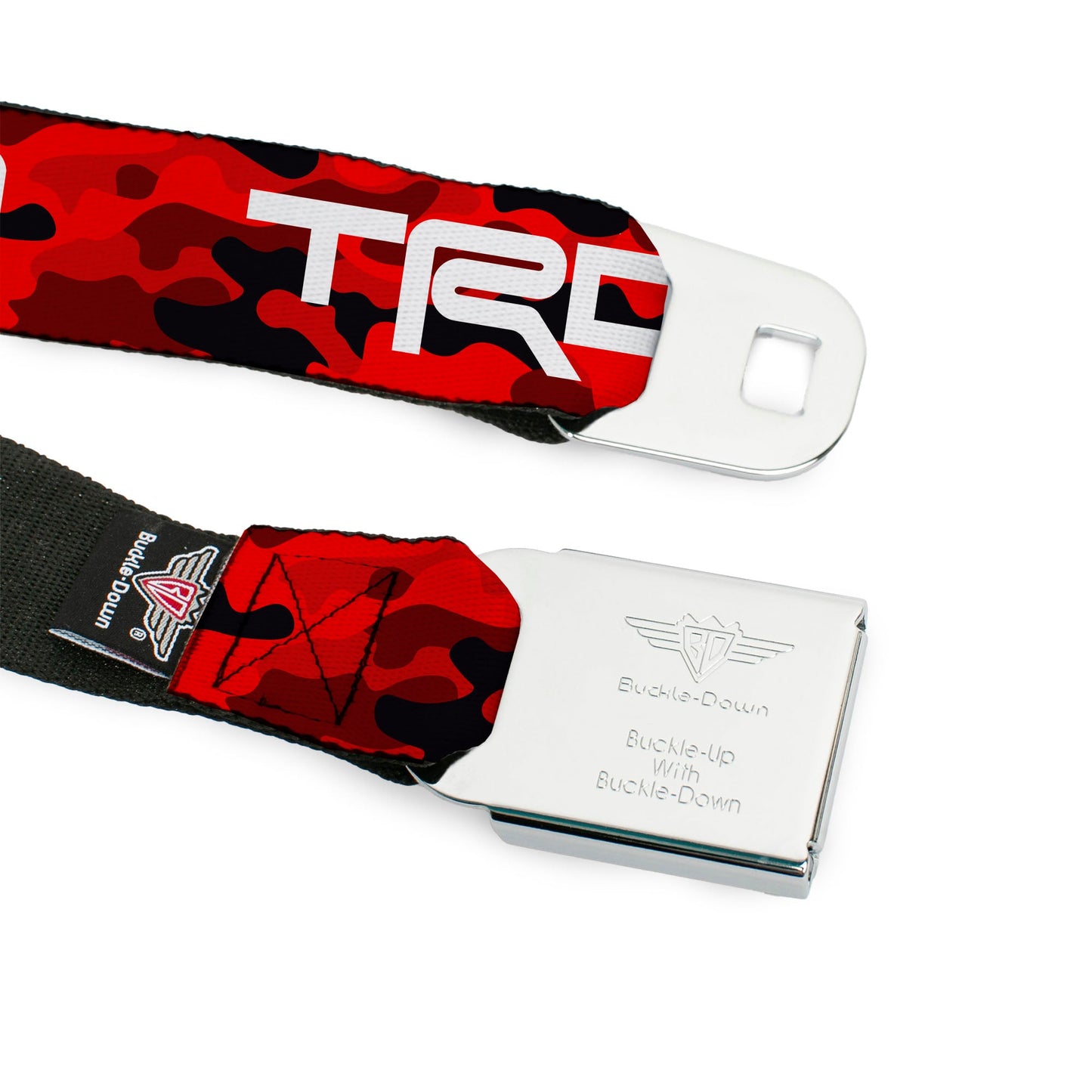Toyota Racing Development TRD Logo Full Color Black/White Seatbelt Belt - Toyota Racing Development TRD Logo Camo Reds/White Webbing