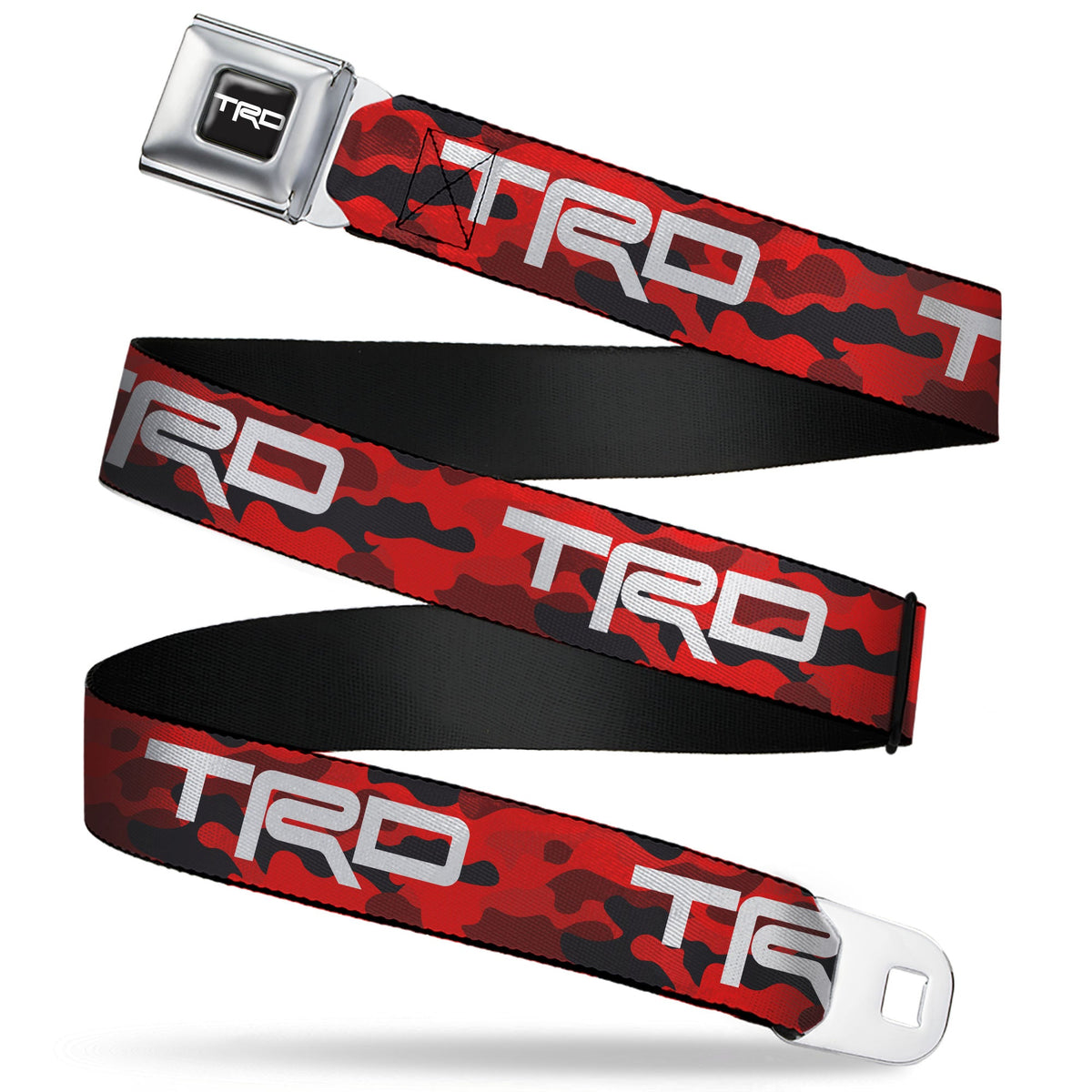 Toyota Racing Development TRD Logo Full Color Black/White Seatbelt Belt - Toyota Racing Development TRD Logo Camo Reds/White Webbing