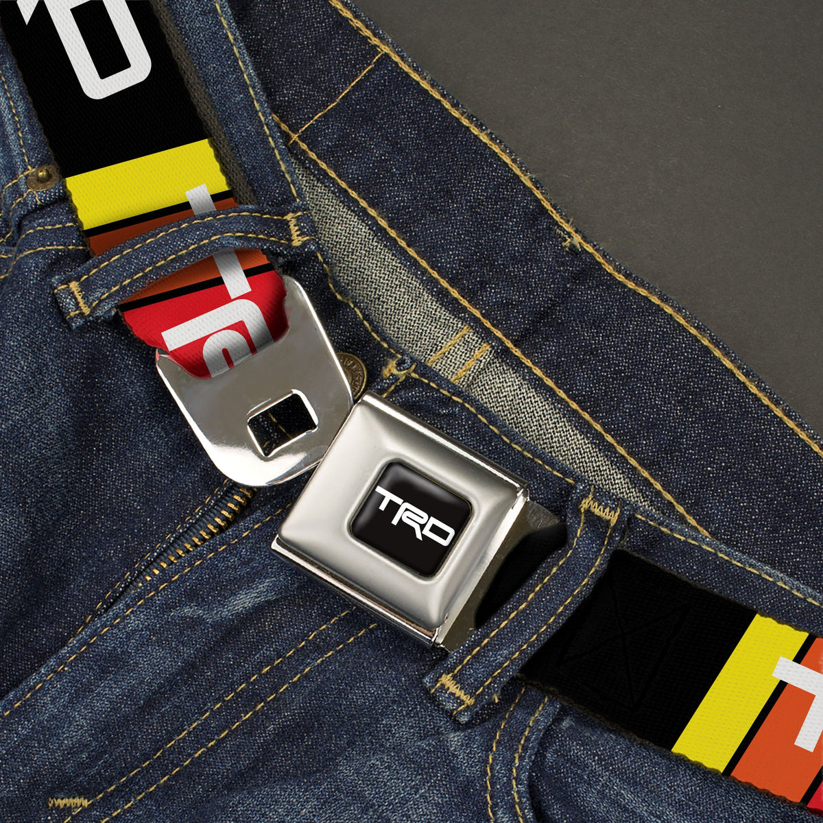 Toyota Racing Development TRD Logo Full Color Black/White Seatbelt Belt - Toyota Racing Development TRD Logo Rally Stripe Black/Yellow/Orange/Red Webbing