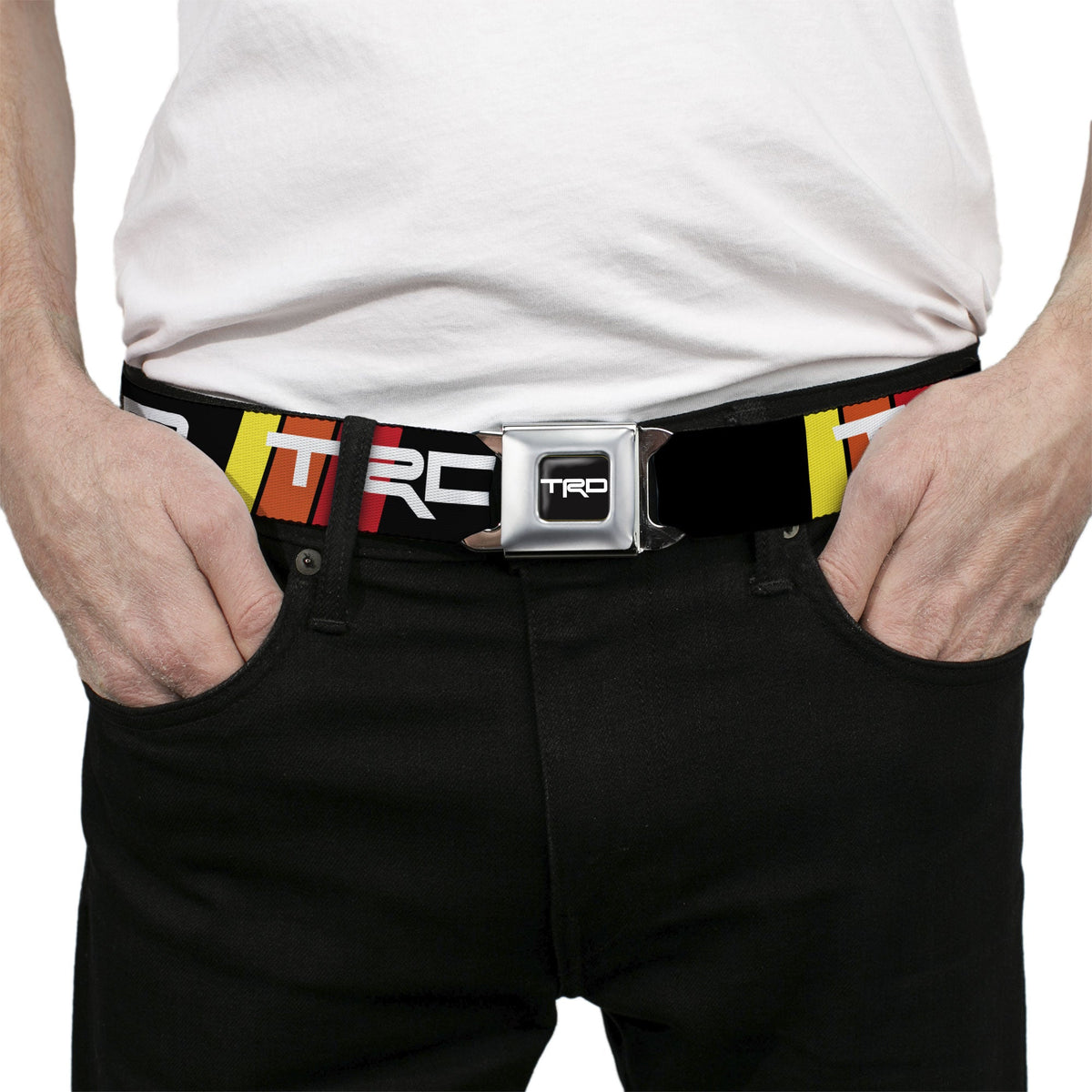 Toyota Racing Development TRD Logo Full Color Black/White Seatbelt Belt - Toyota Racing Development TRD Logo Rally Stripe Black/Yellow/Orange/Red Webbing