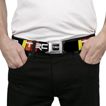 Toyota Racing Development TRD Logo Full Color Black/White Seatbelt Belt - Toyota Racing Development TRD Logo Rally Stripe Black/Yellow/Orange/Red Webbing