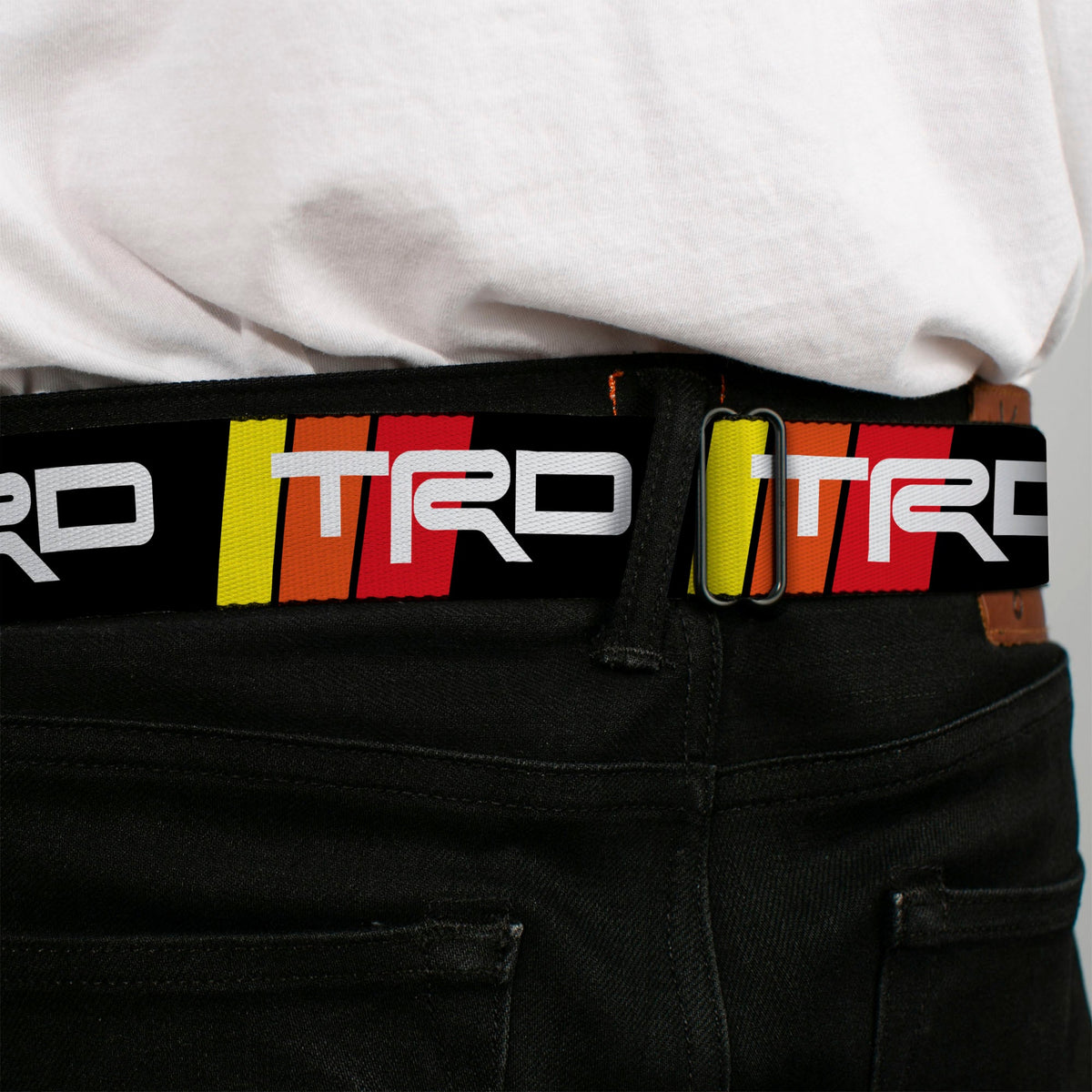 Toyota Racing Development TRD Logo Full Color Black/White Seatbelt Belt - Toyota Racing Development TRD Logo Rally Stripe Black/Yellow/Orange/Red Webbing