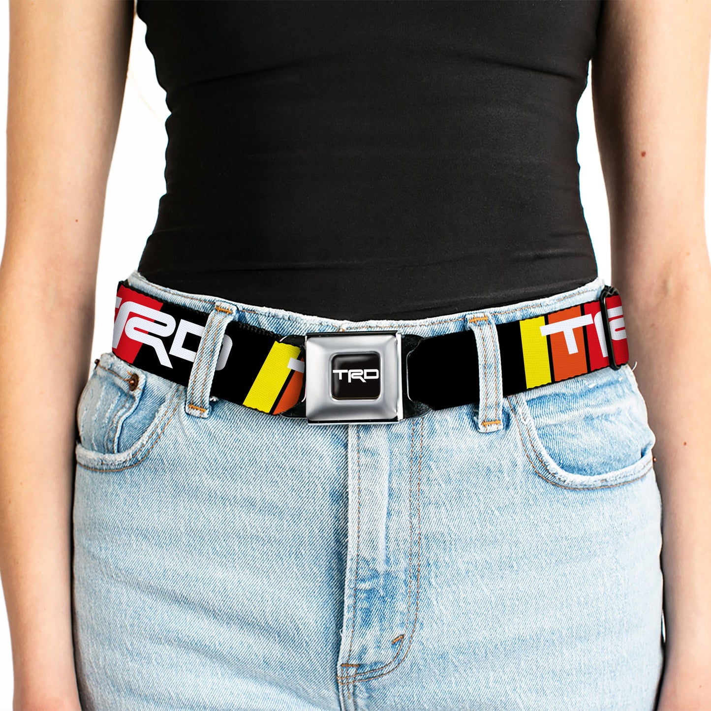 Toyota Racing Development TRD Logo Full Color Black/White Seatbelt Belt - Toyota Racing Development TRD Logo Rally Stripe Black/Yellow/Orange/Red Webbing