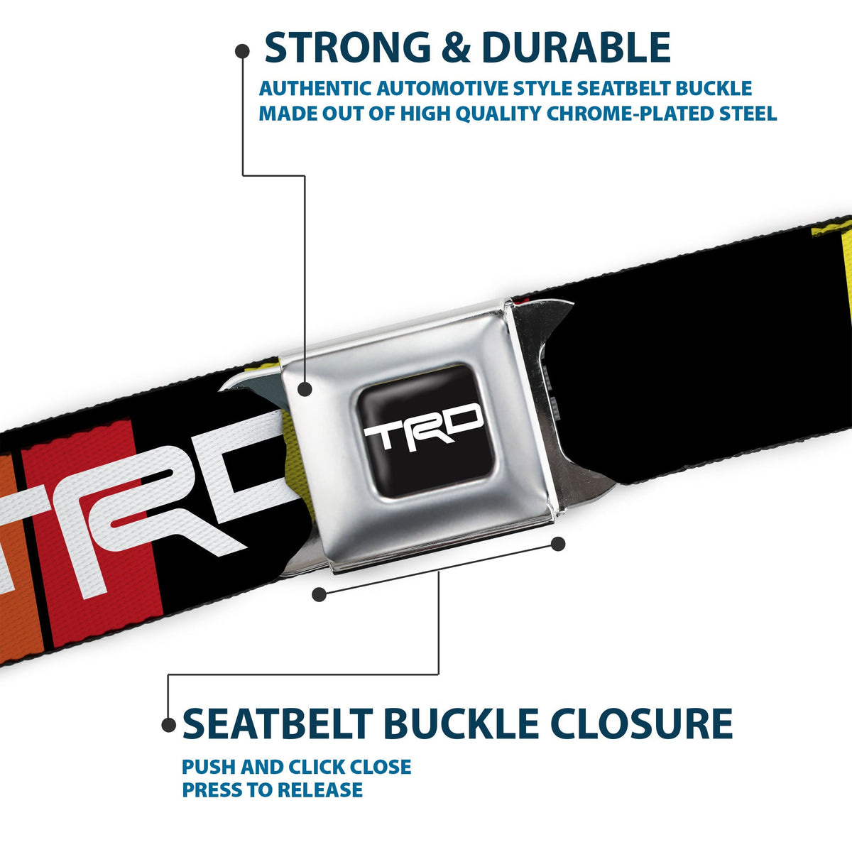 Toyota Racing Development TRD Logo Full Color Black/White Seatbelt Belt - Toyota Racing Development TRD Logo Rally Stripe Black/Yellow/Orange/Red Webbing