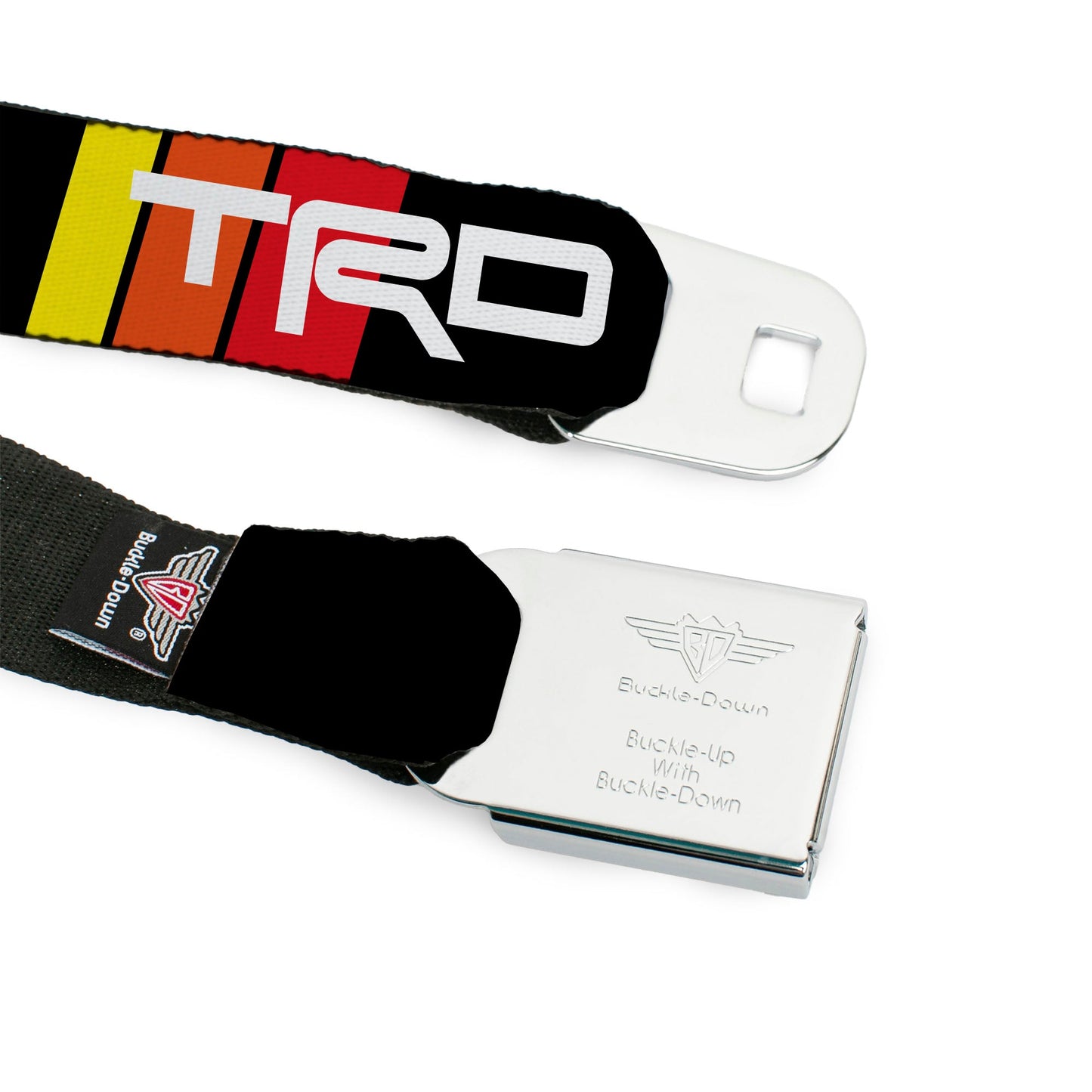 Toyota Racing Development TRD Logo Full Color Black/White Seatbelt Belt - Toyota Racing Development TRD Logo Rally Stripe Black/Yellow/Orange/Red Webbing