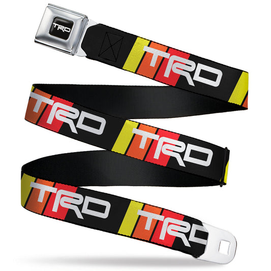 Toyota Racing Development TRD Logo Full Color Black/White Seatbelt Belt - Toyota Racing Development TRD Logo Rally Stripe Black/Yellow/Orange/Red Webbing