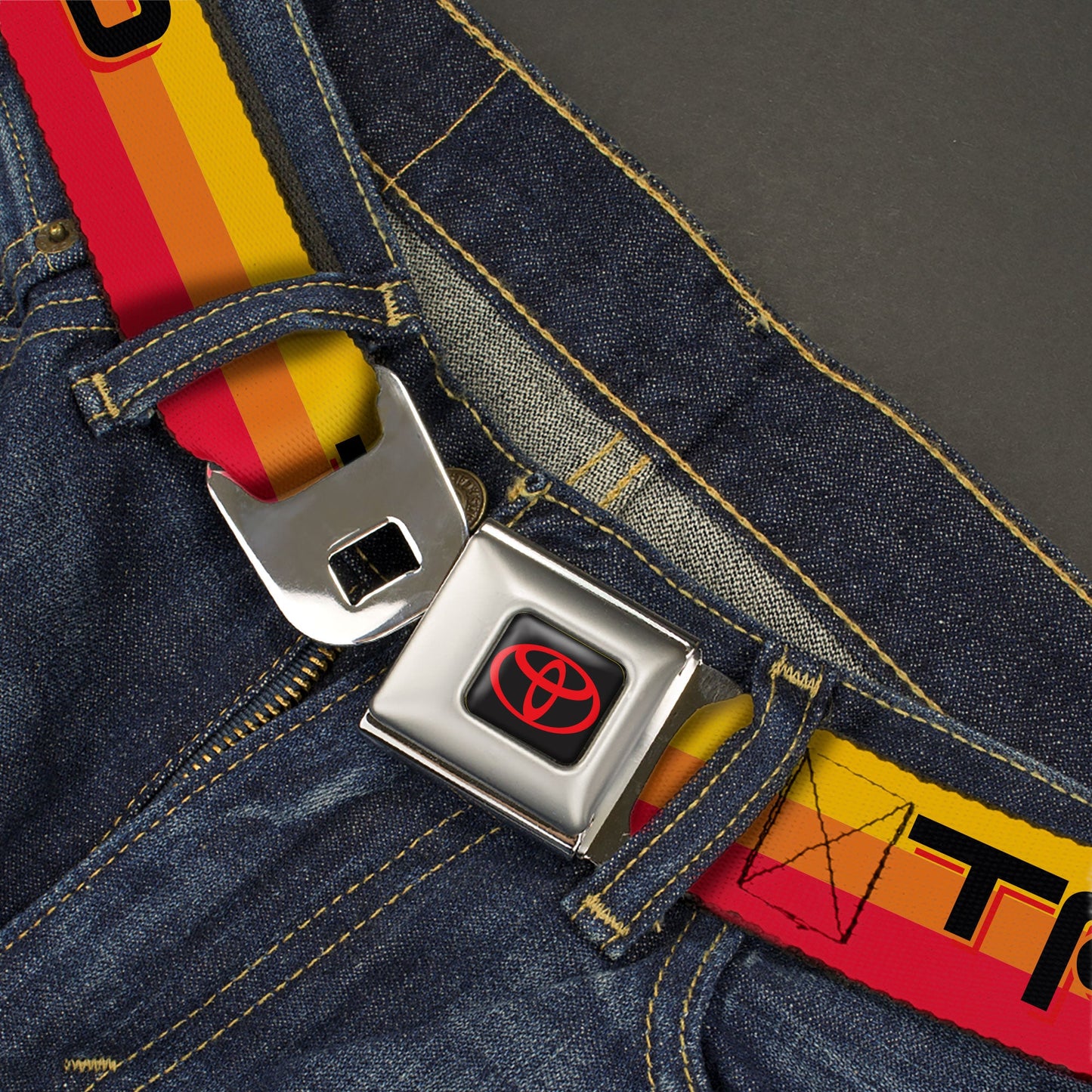 Toyota Logo Full Color Black/Red Seatbelt Belt - Toyota Racing Development TRD Logo Rally Stripe Sunset Webbing
