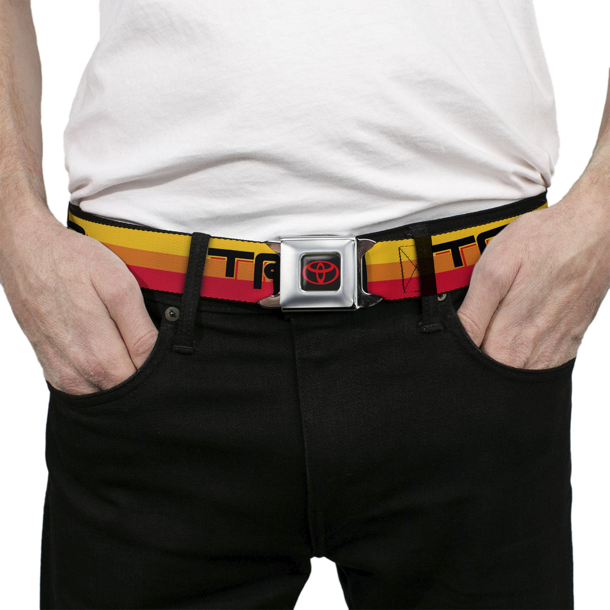 Toyota Logo Full Color Black/Red Seatbelt Belt - Toyota Racing Development TRD Logo Rally Stripe Sunset Webbing