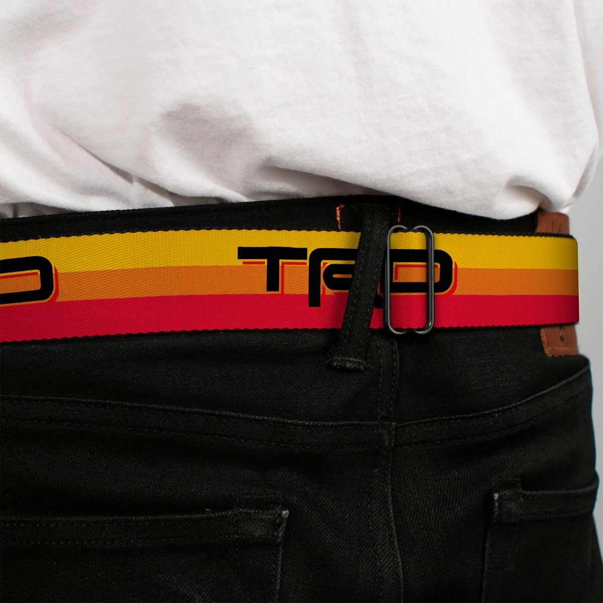 Toyota Logo Full Color Black/Red Seatbelt Belt - Toyota Racing Development TRD Logo Rally Stripe Sunset Webbing
