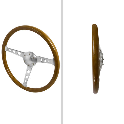 370mm Wood Grain Style 2" Deep Dish Aluminum 3-Spoke Wooden/Plastic Steering Wheel