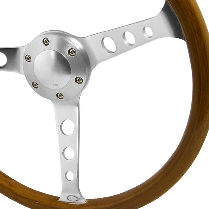 370mm Wood Grain Style 2" Deep Dish Aluminum 3-Spoke Wooden/Plastic Steering Wheel