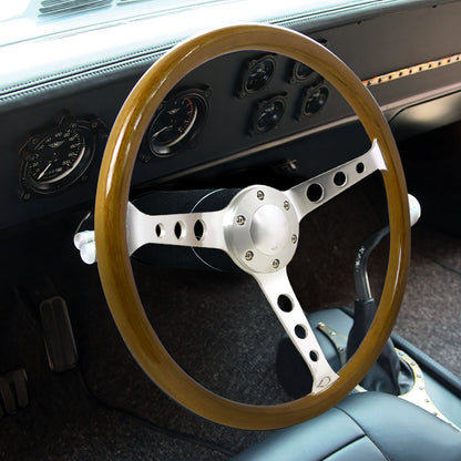 370mm Wood Grain Style 2" Deep Dish Aluminum 3-Spoke Wooden/Plastic Steering Wheel