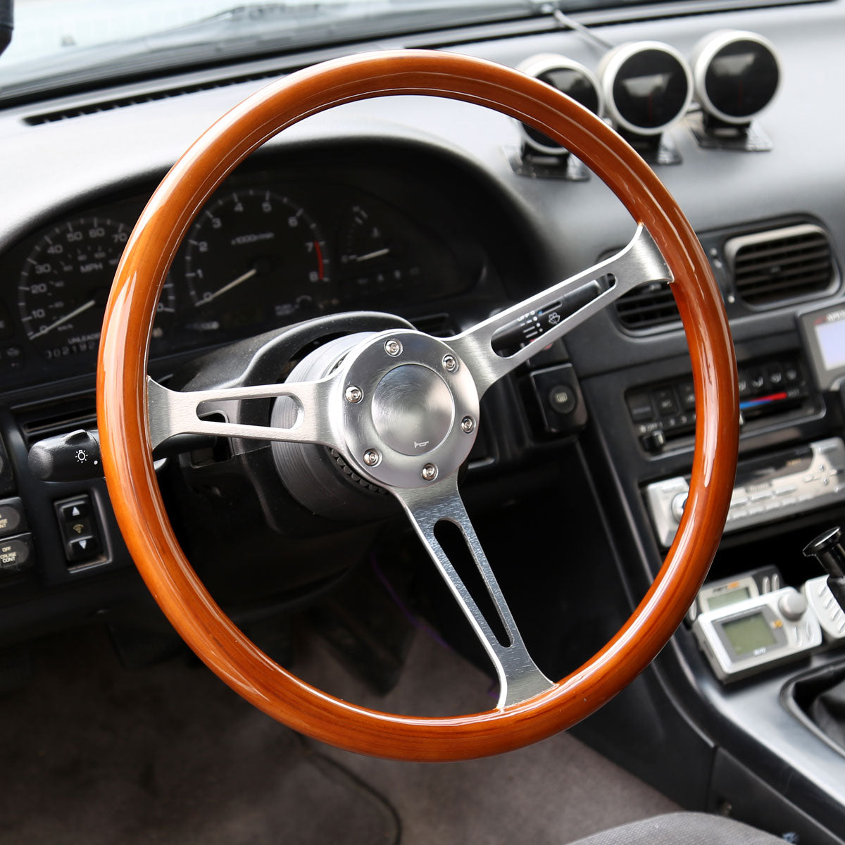 380mm 2" Deep Dish Aluminum 3-Spoke Wood Plastic Composite Steering Wheel