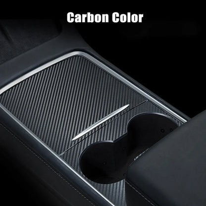 Center Console Panel Sticker for Tesla Model 3 / Model Y (2021–2023) | Wood Grain & Carbon Fiber Film