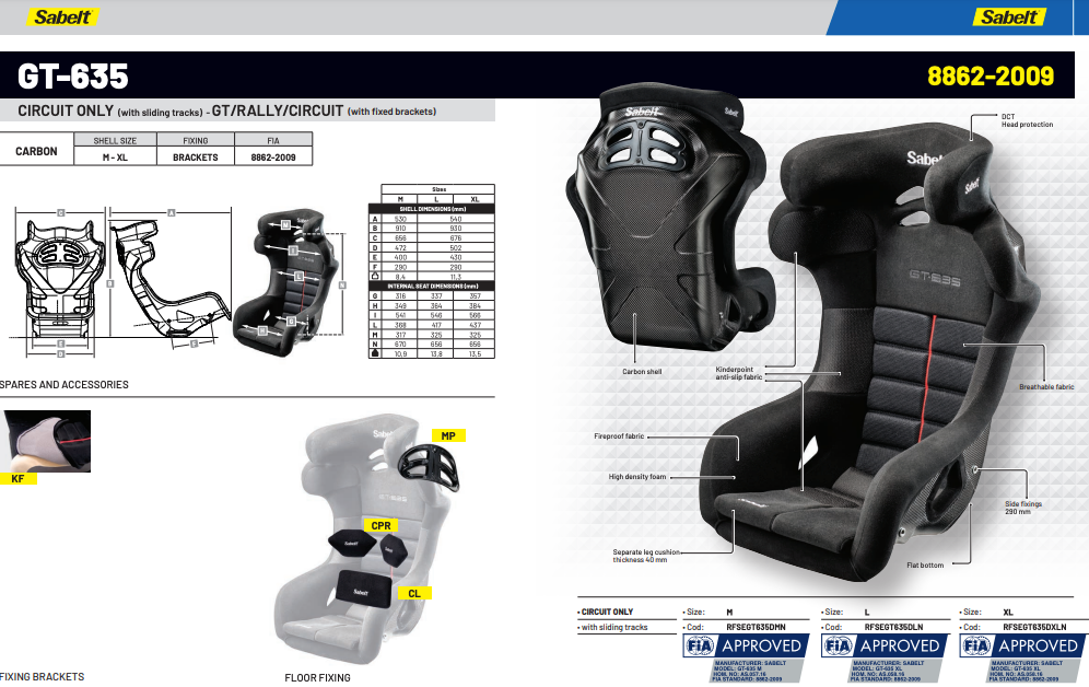 Sabelt GT-635 Ferrari Challenge Racing Seat | FIA 8862-2009