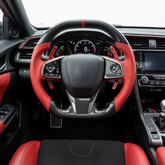 GEN PERFORMANCE Real Carbon Fiber Steering Wheel for Honda Civic 10th Gen & Type R FK8 (2016-2021) – Red Perforated Leather – Flat Bottom Racing Design